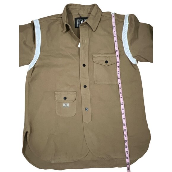 HAN Kjobenhavn Mens size LARGE tan cotton denim button front work shirt - Picture 5 of 6